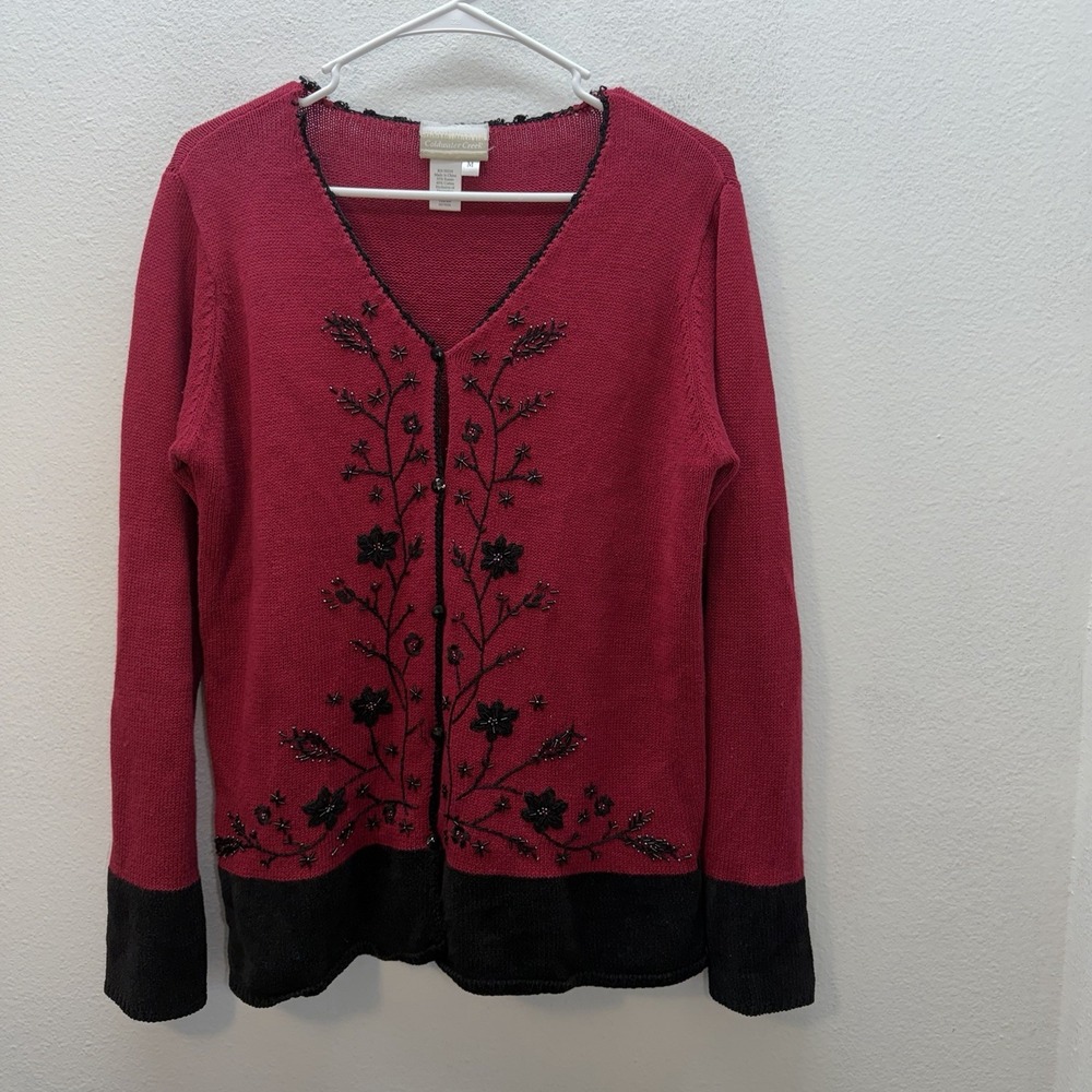 Coldwater creek Sz M Red Cardigan Sweater beaded embroidered Holiday Christmas‎